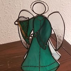 Green Stained Glass Angel With Harp